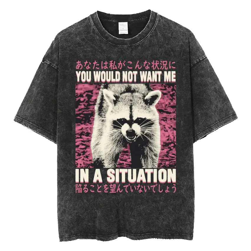 The Horrors Are Never Ending Yet I Remain Silly T-shirt Funny Japanese Style Frog Retro Washed T Shirt Men's Oversized Tees Tops