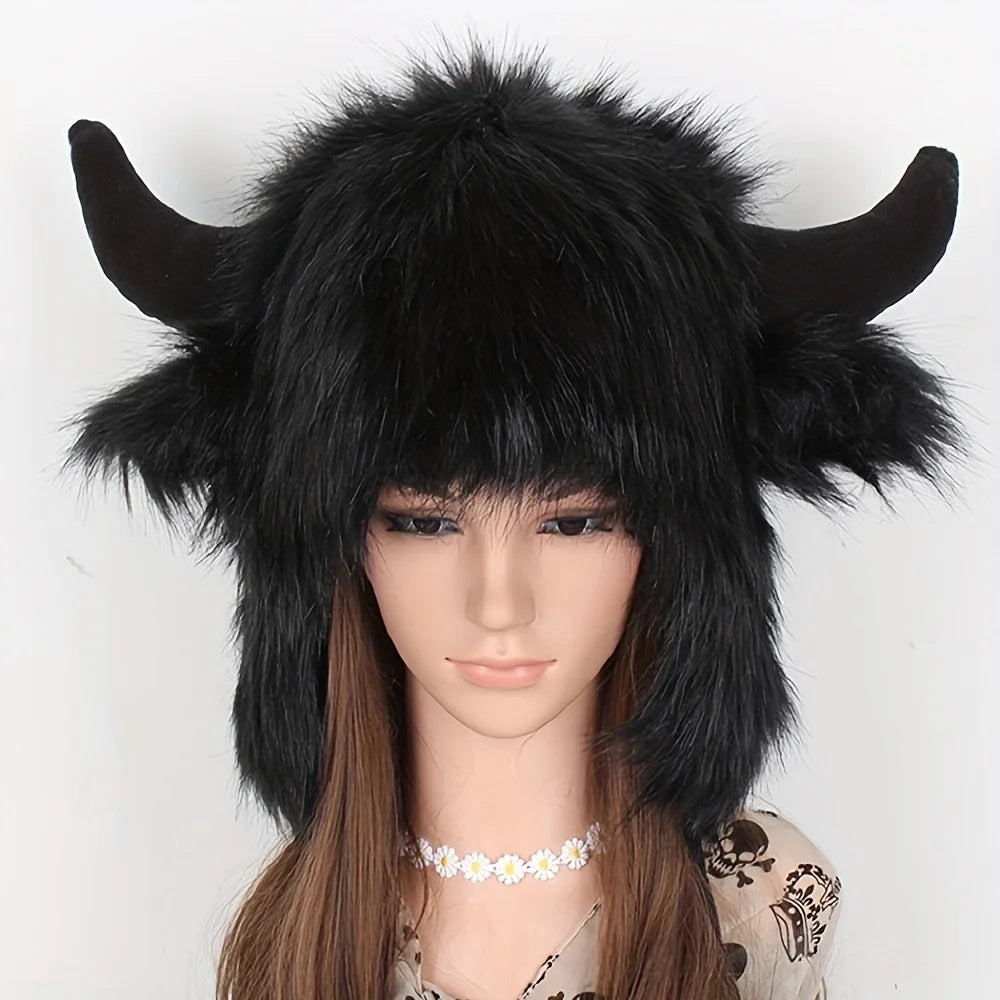 Women's Cow Skull Fisherman Hat with Faux Fur Horns - Winter Warm Ear Protection Beanie, Soft Imitation Mink Material women