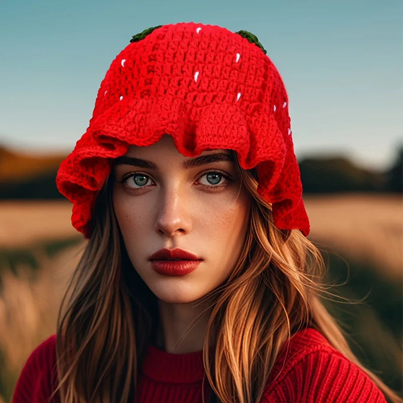 Lady'S Cartoon Red Strawberry-Shaped Fisherman'S Hat, Bohemian-Style Hand-Crocheted And Hollowed-Out Ruffled Cute Knitted Hat