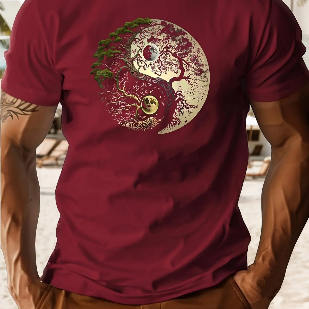 Men's summer 100% pure cotton fashionable casual loose sports yin-yang tree pattern print round neck short sleeved T-shirt top
