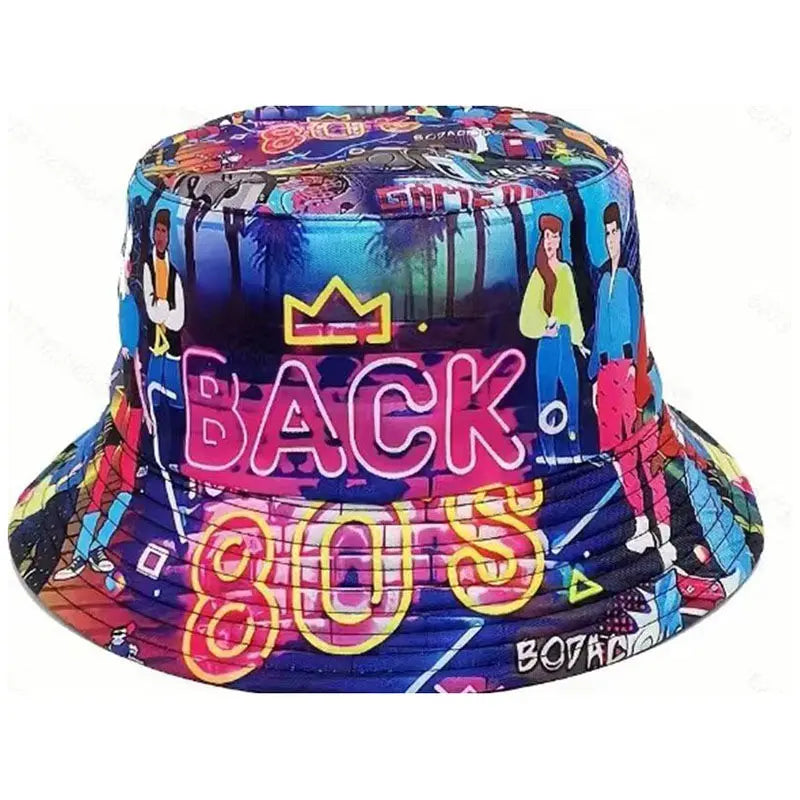 Europe and America Retro Nostalgic 90s Tape Pattern Bucket Hat Female Double Sided Spring and Summer Outdoor Sunscreen Sun Hat