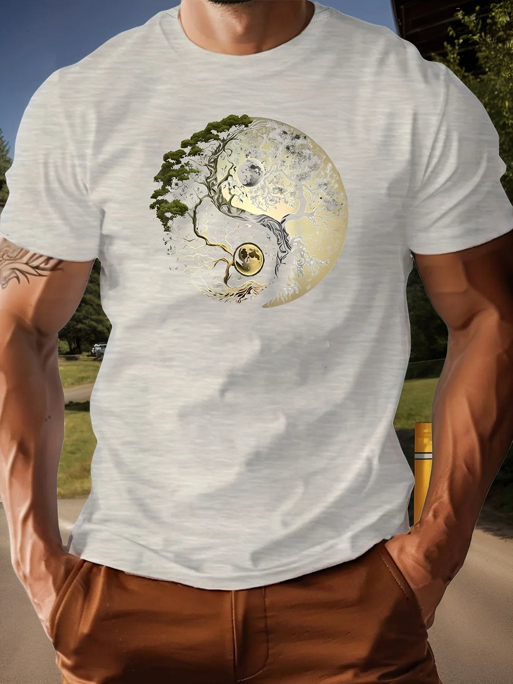 Men's summer 100% pure cotton fashionable casual loose sports yin-yang tree pattern print round neck short sleeved T-shirt top