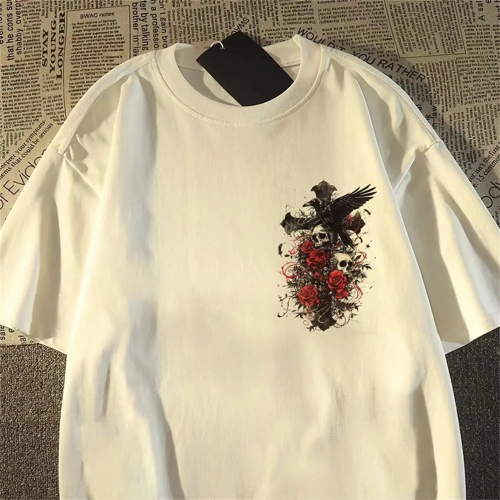 American Style Fashion Brand oversize Diablo Style Retro Subculture Skull Cross Short-sleeved T-shirt Men's Summer