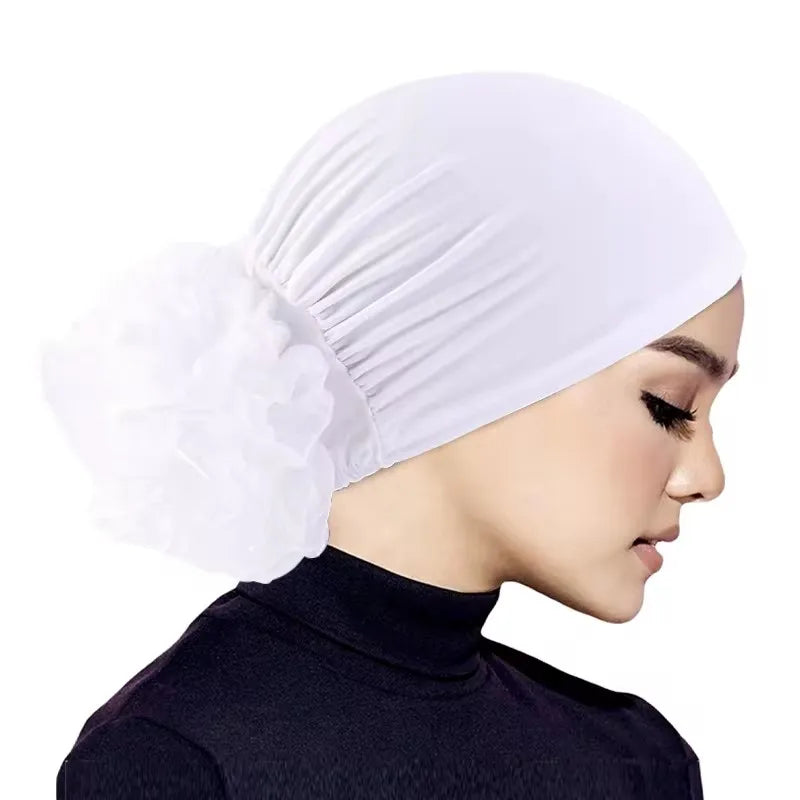 Women's Hijabs Turban Big Flower Elastic Cloth Hair Bands Hat Beanie Ladies Muslim Solid Hair Loss Scarf Cap Hair Accessories