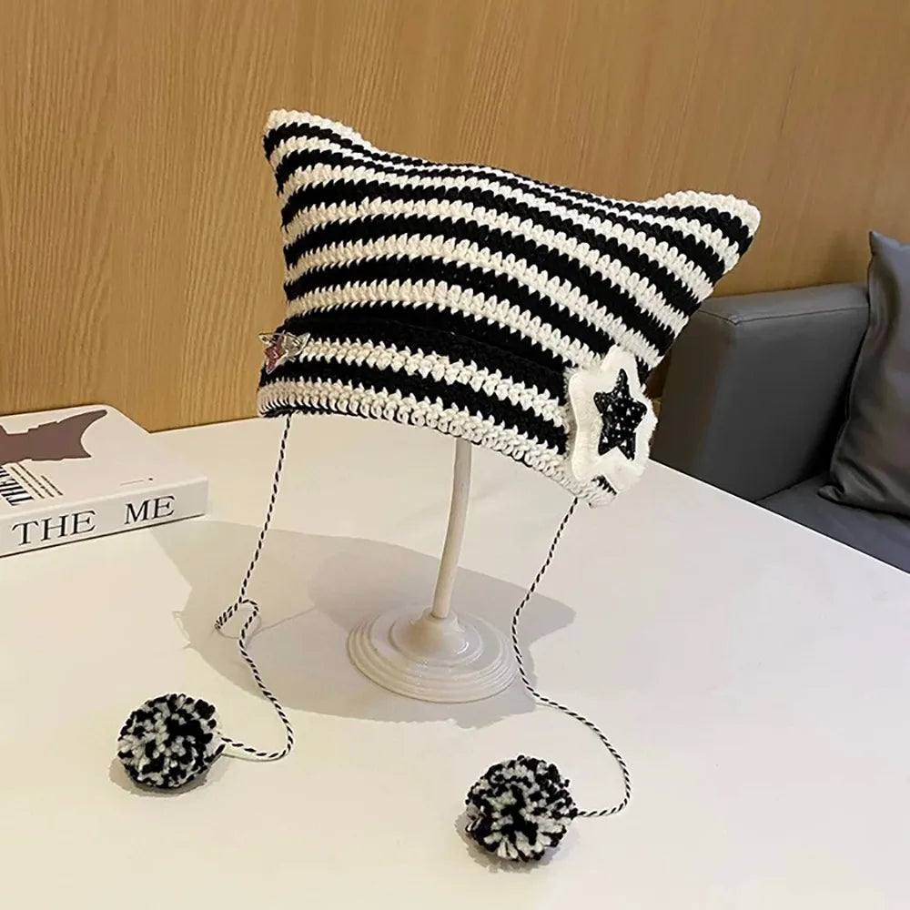 Y2K Beanie Hat Women Ins Devil Ear Striped Knitted Wool Cap Autumn Winter Hip-hop Crochet Cute Cat Ears Pointed Pullover Hats