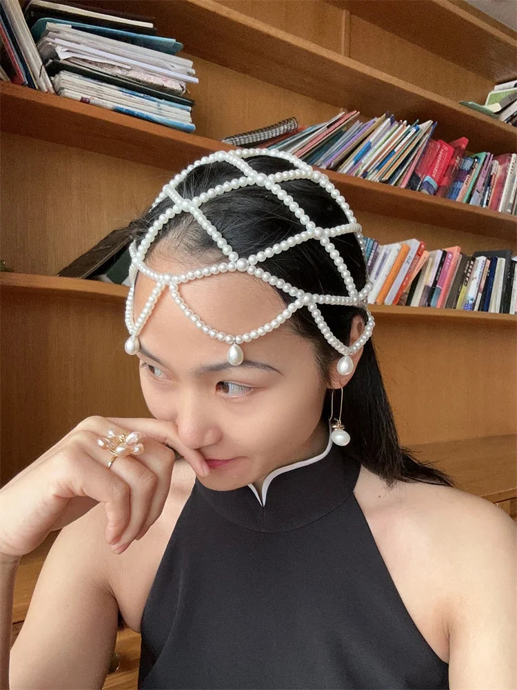 2024 new fashion chic women white handmade pearl weave hat