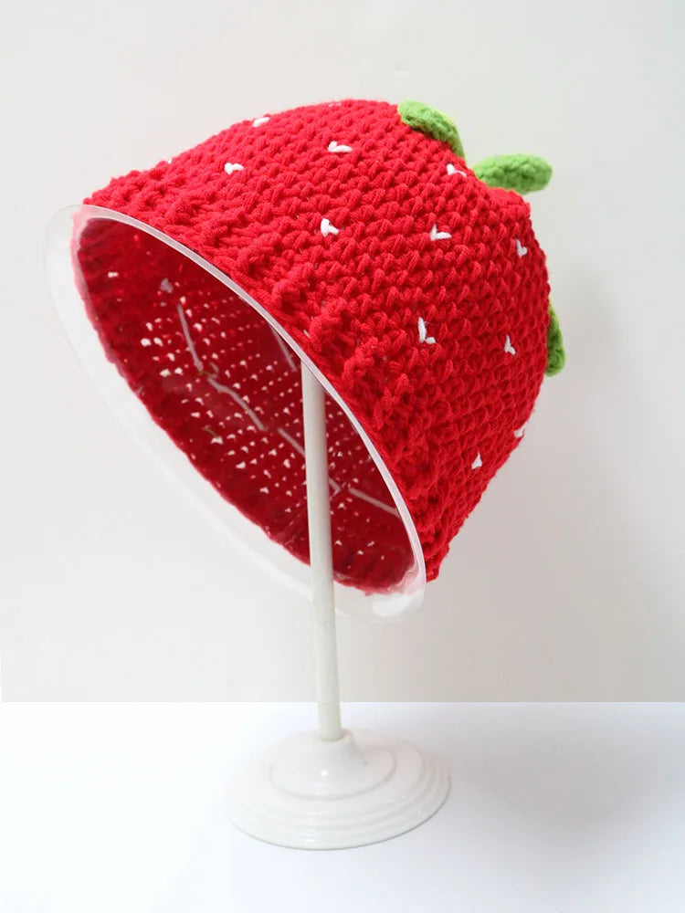 Lady'S Cartoon Red Strawberry-Shaped Fisherman'S Hat, Bohemian-Style Hand-Crocheted And Hollowed-Out Ruffled Cute Knitted Hat