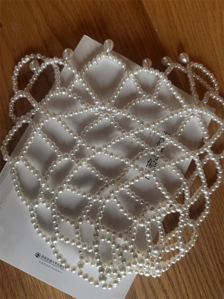 2024 new fashion chic women white handmade pearl weave hat