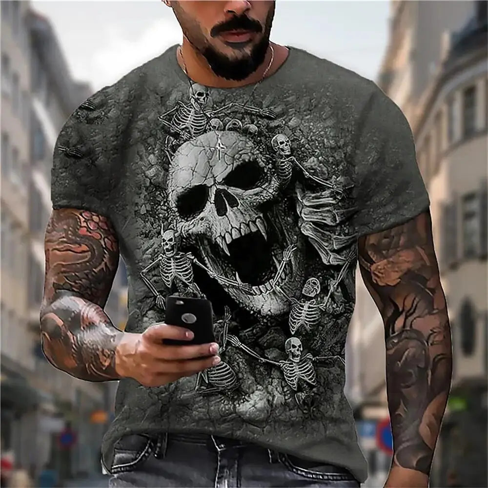Men's Casual T-Shirt, Gothic Skull Heart Hands Graphic Black Short Sleeve Crew Neck Tee Cool Streetwear Halloween Fashion Top