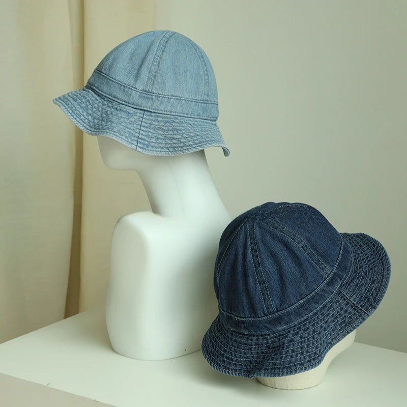 Japanese Retro Simple Dome Denim Basin Caps for Women Spring and Summer Travel Casual Versatile Sunscreen Bucket Hats Men