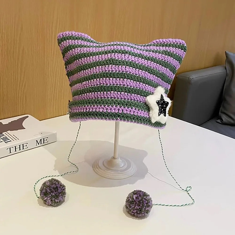 Y2K Beanie Hat Women Ins Devil Ear Striped Knitted Wool Cap Autumn Winter Hip-hop Crochet Cute Cat Ears Pointed Pullover Hats