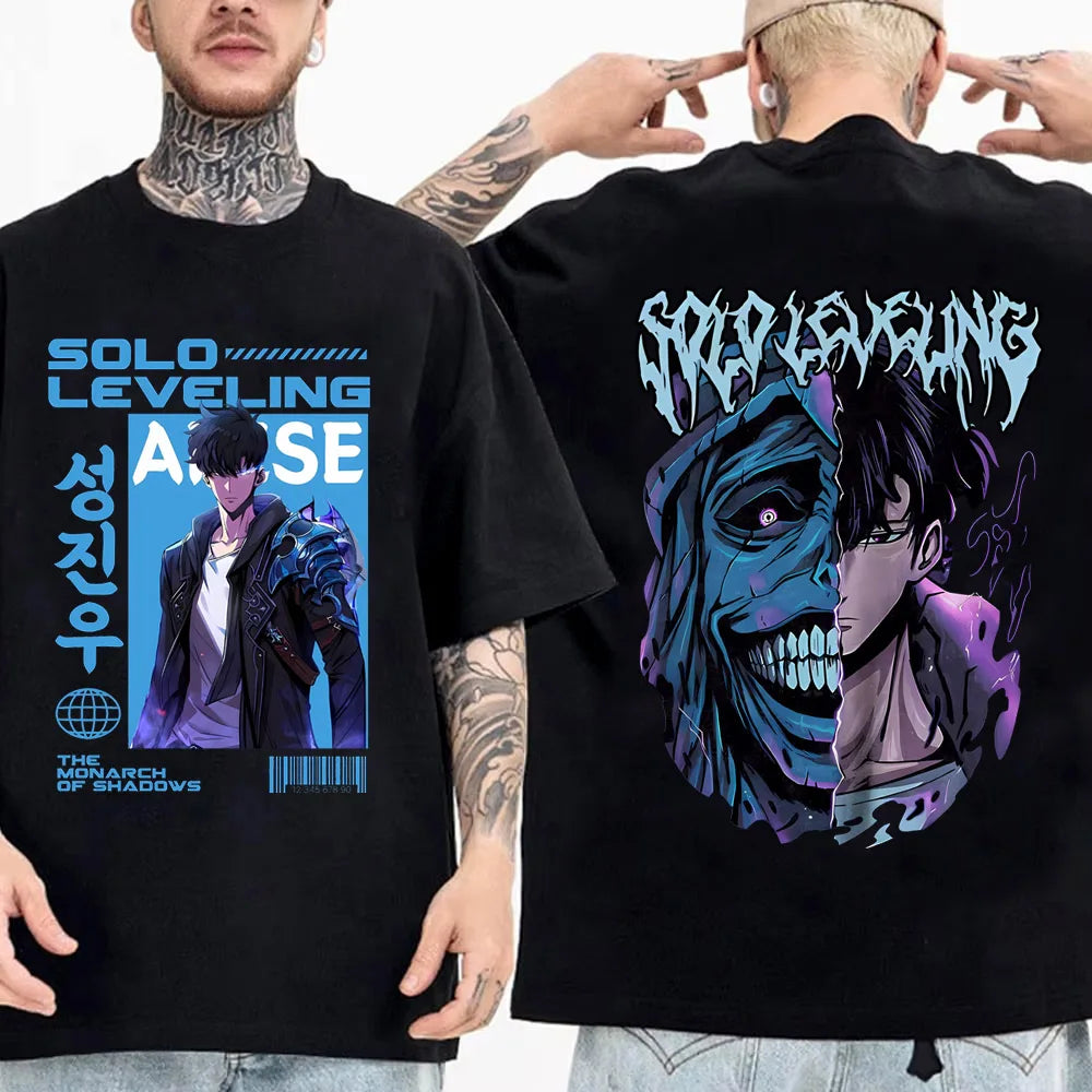 Solo Leveling Statue of God Shirt Sung Jinwoo Shirt Anime Graphic Tees Anime High Quality Cotton T Shirt Tops Streetwear