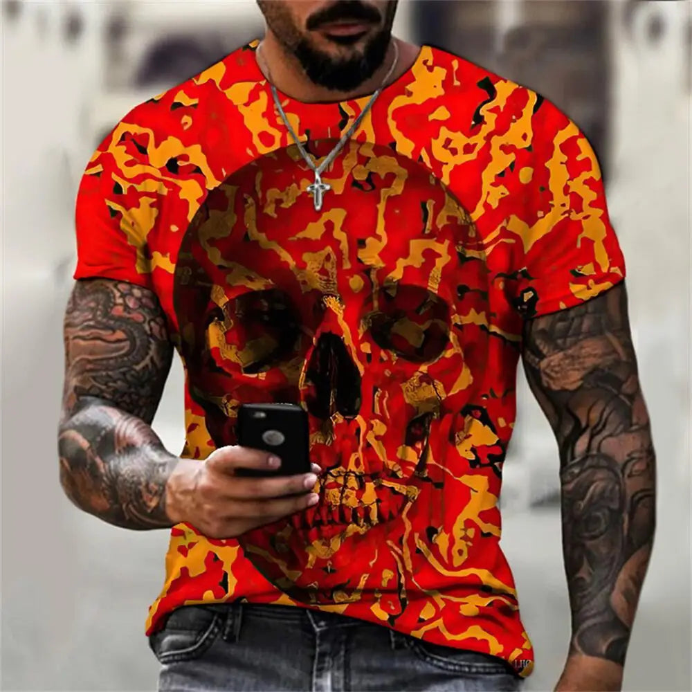 Men's Casual T-Shirt, Gothic Skull Heart Hands Graphic Black Short Sleeve Crew Neck Tee Cool Streetwear Halloween Fashion Top