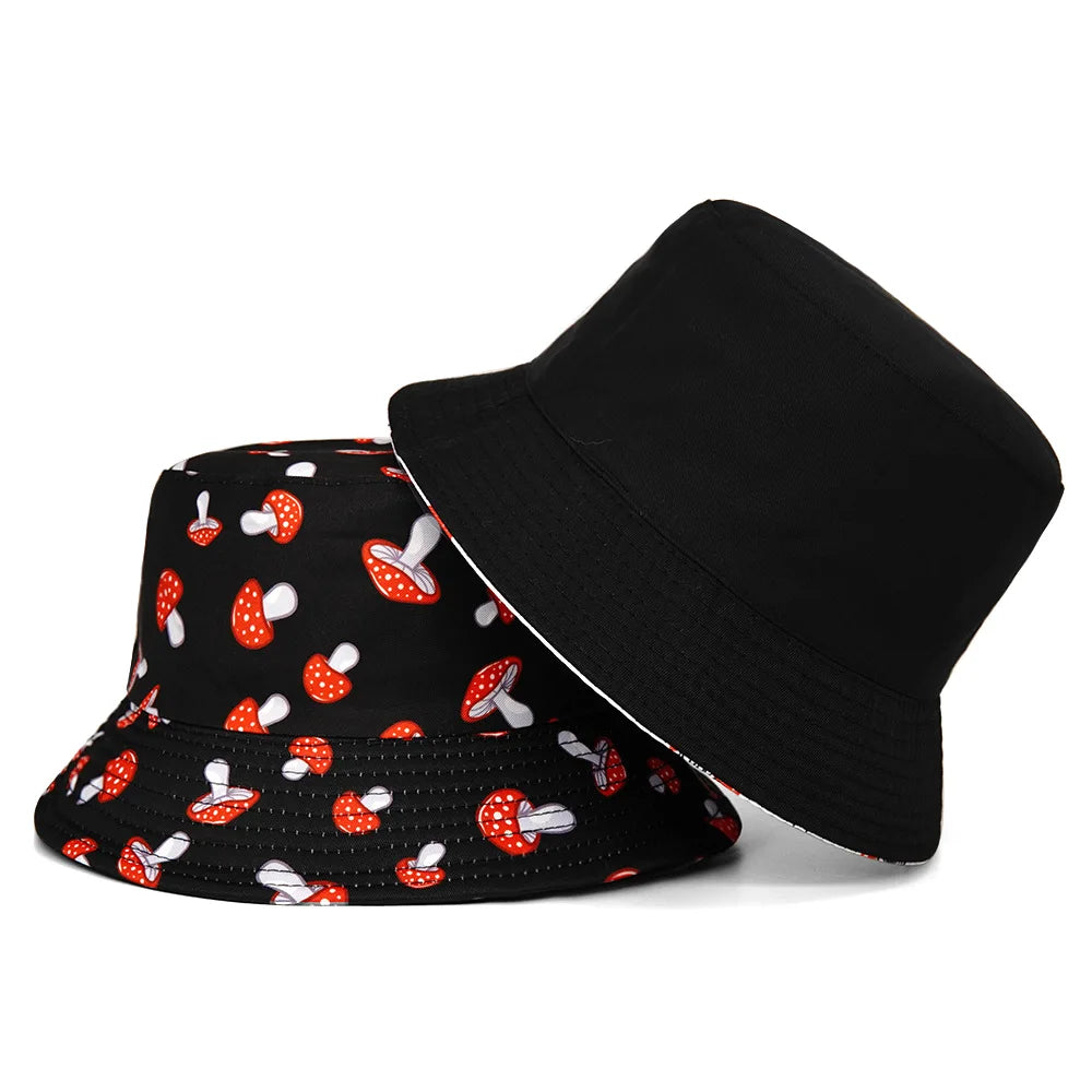 Unisex Hats Sun Shading Outdoor Sports Fishing Sun Hats Fashion Personalized Verstaile Mushroom Print Double-sided Bucket Hats