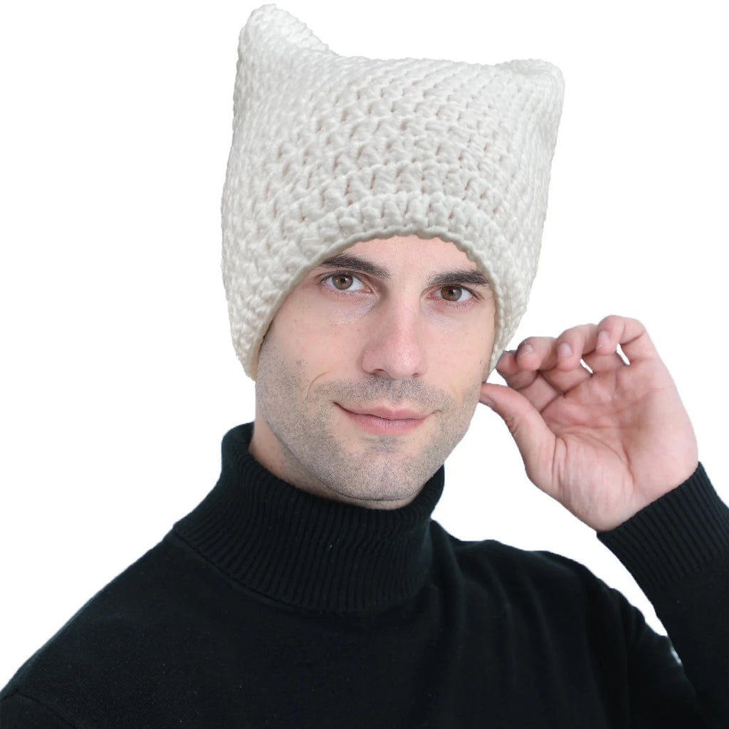 Cute Cat Ears Beanie Hats for Women Winter Striped Korean Punk Gothic Y2K Wool Knitted Streetwear Handmade Crochet Bucket Cap