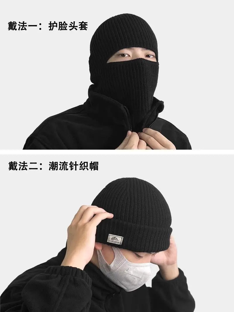 Winter 2 in1 Mask Beanies Hats Warm Knitted Balaclava Hats Windproof Solid Full Face Ski Bonnet Tactical Cycling Earmuffs Cap