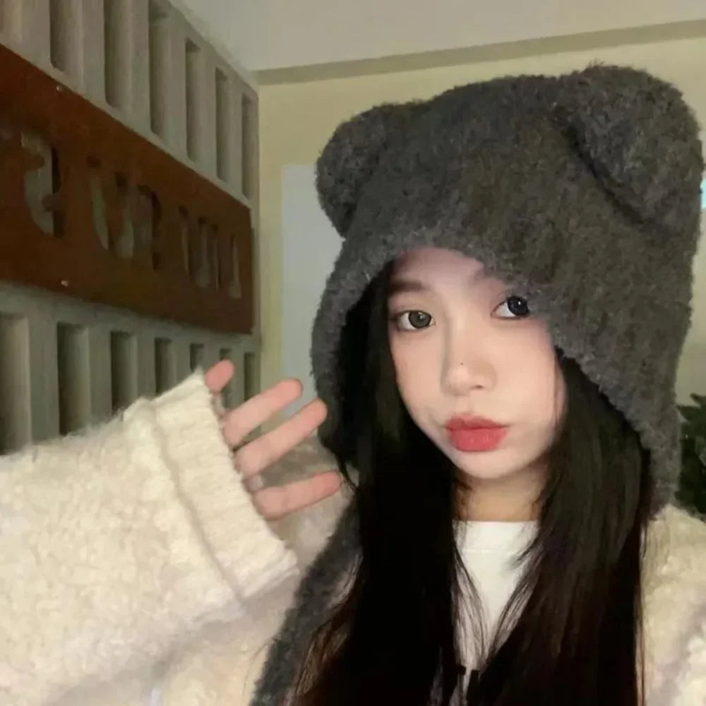 Cute Girl Knit Ear Protection Hat Bear Women Earmuffs Cap Woolen Crochet Bonnet Solid Color Hood Beanies Winter Warm Headgear