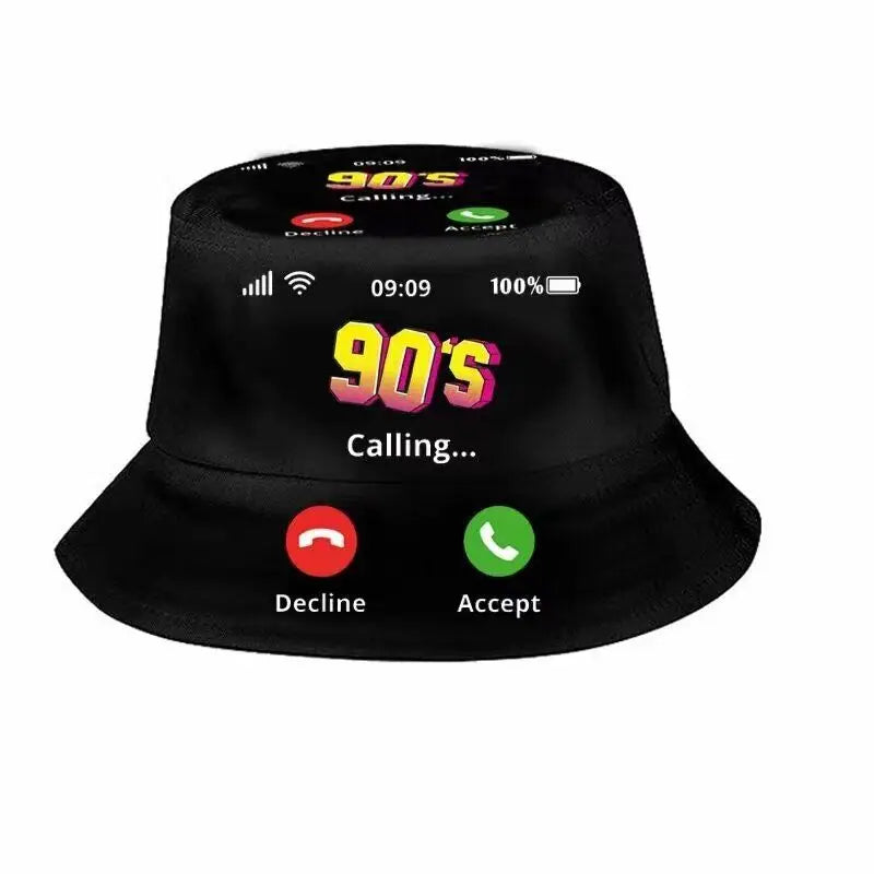 Europe and America Retro Nostalgic 90s Tape Pattern Bucket Hat Female Double Sided Spring and Summer Outdoor Sunscreen Sun Hat
