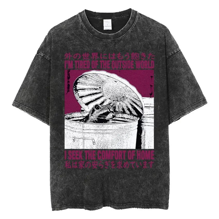 The Horrors Are Never Ending Yet I Remain Silly T-shirt Funny Japanese Style Frog Retro Washed T Shirt Men's Oversized Tees Tops