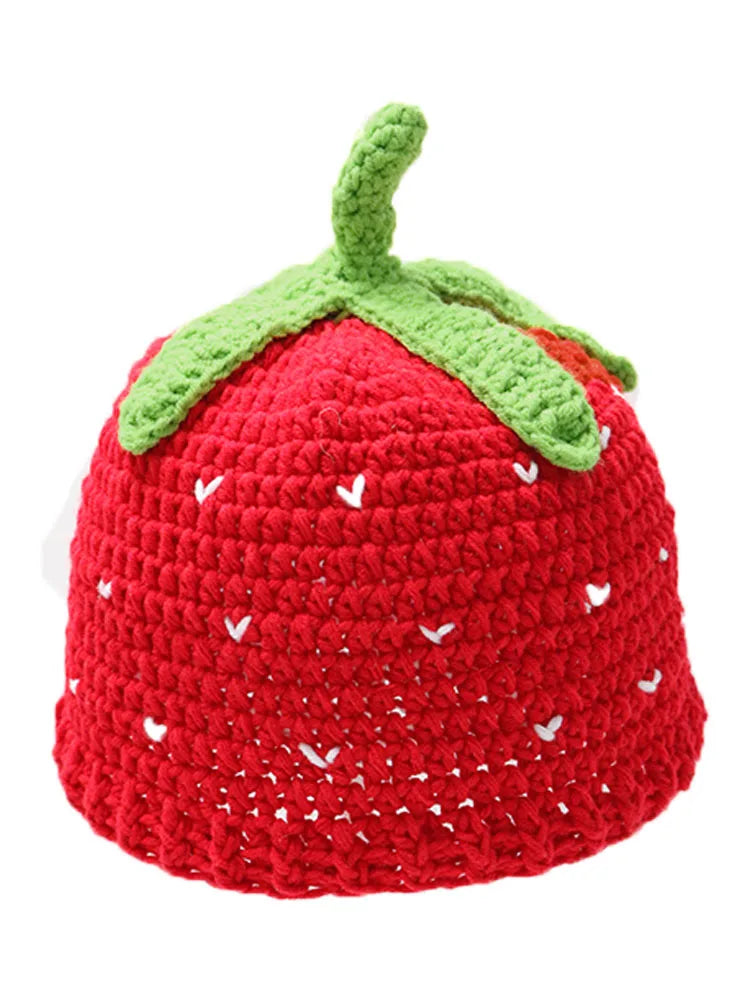 Lady'S Cartoon Red Strawberry-Shaped Fisherman'S Hat, Bohemian-Style Hand-Crocheted And Hollowed-Out Ruffled Cute Knitted Hat