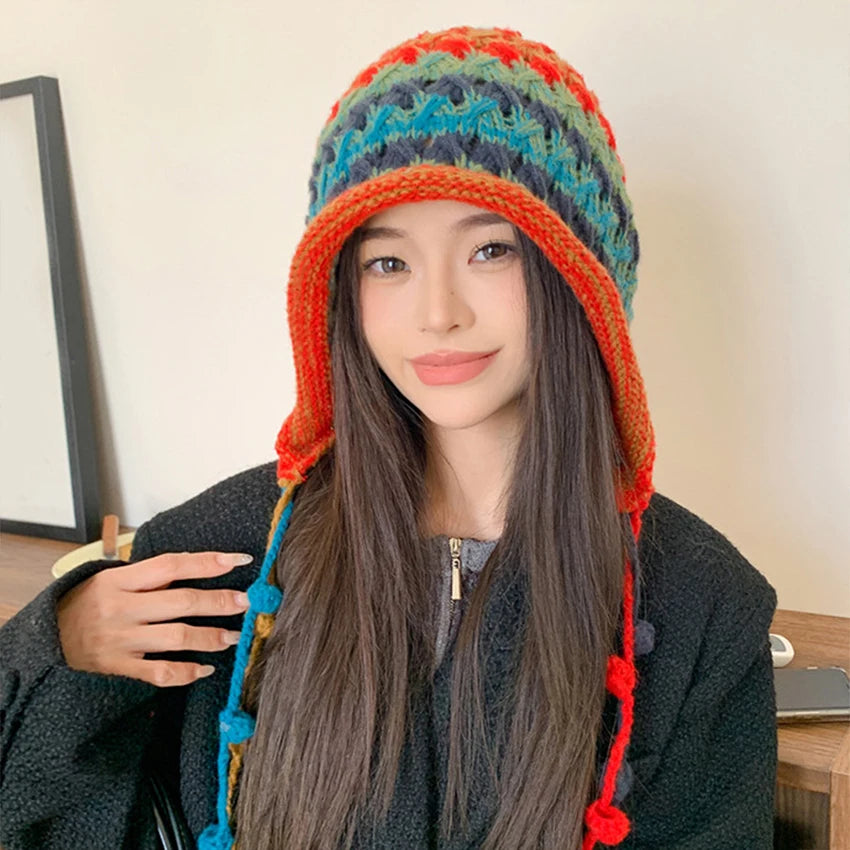 1Pc Curled Brim Wool Hat for Women, Winter Knitted Hat, Windproof Striped Rainbow Knitted Hat, Tassel Ball Knitted Hat, Suitable.