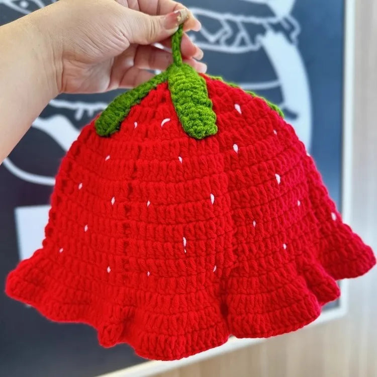 Lady'S Cartoon Red Strawberry-Shaped Fisherman'S Hat, Bohemian-Style Hand-Crocheted And Hollowed-Out Ruffled Cute Knitted Hat