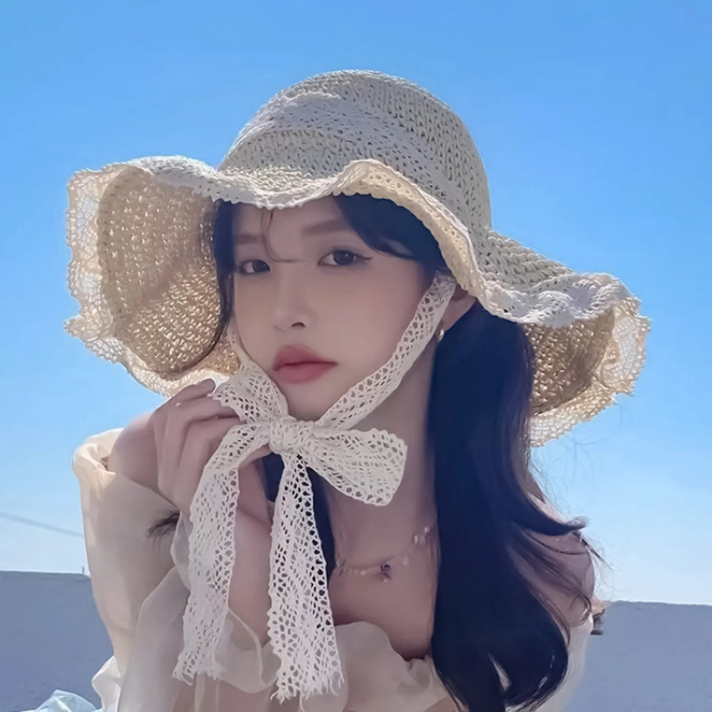 Women Summer Beach Sun Hat Women Wide Brim Summer Hat Portable Foldable Design Elegant Straw Hats for Pool Park Vacation Camping