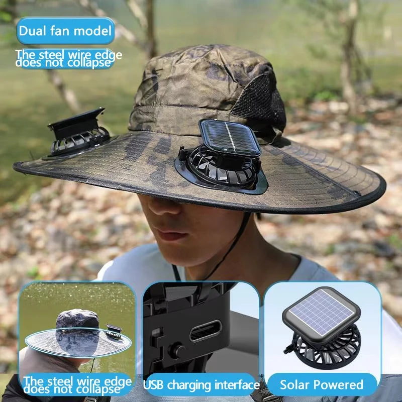 Wide Brim Solar Dual Fan Hat Outdoor Camping Fishing Hat Anti-UV Fan Hat for Men Mountain Climbing Sun Protection Fisherman Hat