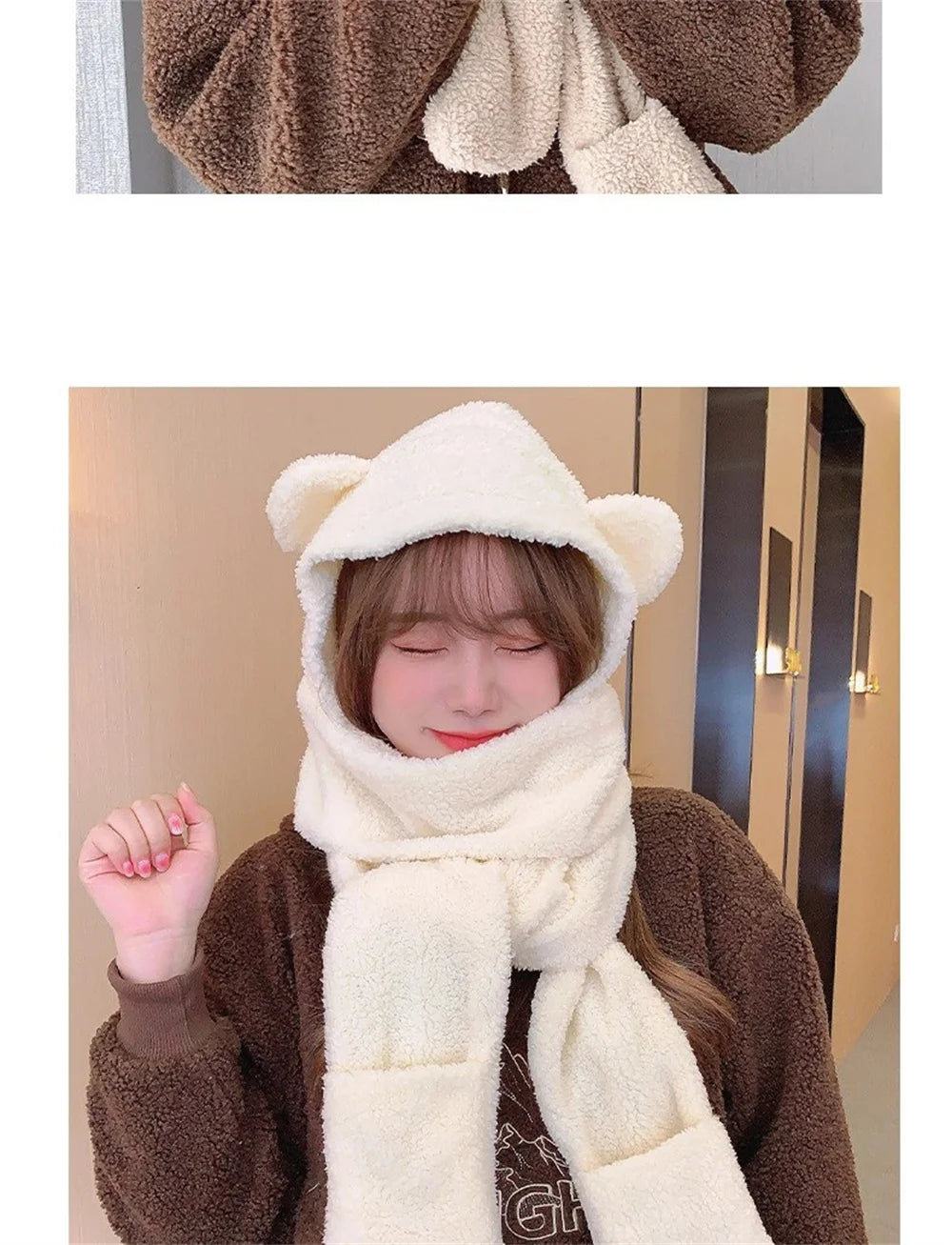 Cute Bear Ear Hat Fashion Winter Warm Comforts Polyester Thickened Plush Hoodie Hat Scarf Gloves Set Girl Kawaii Warm Casual Hat