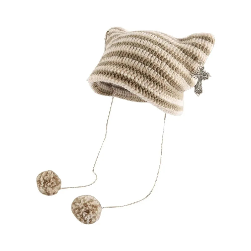 Y2K Beanie Hat Women Ins Devil Ear Striped Knitted Wool Cap Autumn Winter Hip-hop Crochet Cute Cat Ears Pointed Pullover Hats