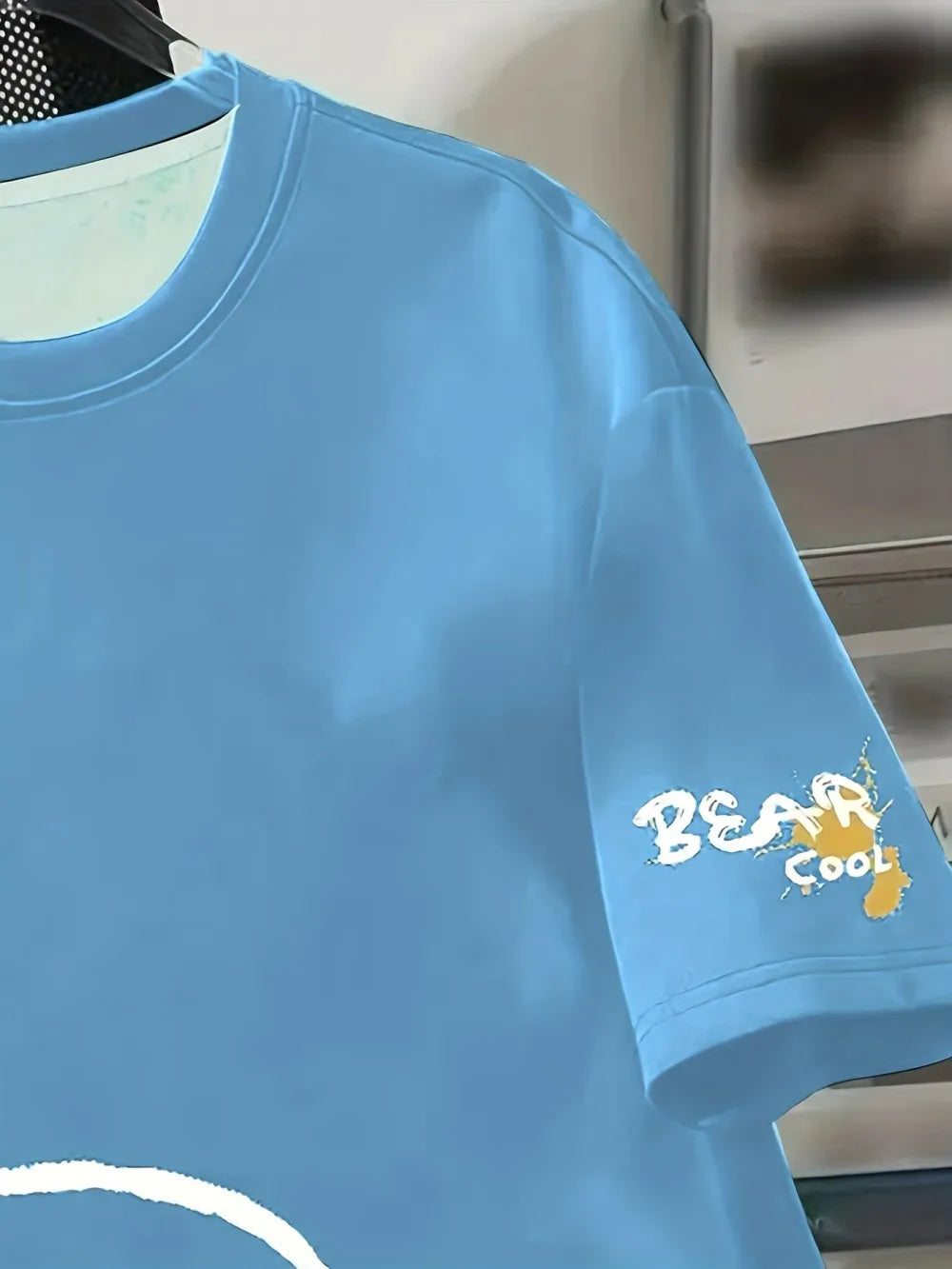Summer men's round neck breathable T-shirt with cartoon bear print pattern suitable for daily and weekend gifting to friends