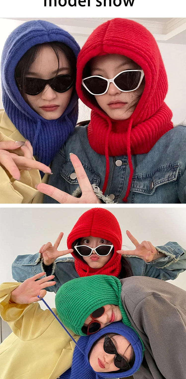 Winter Balaclava Hat for Men&Women Knitted Hooded Cap Outdoor Windproof Drawstring Hat One-Piece Neck Beanie Capofficial website