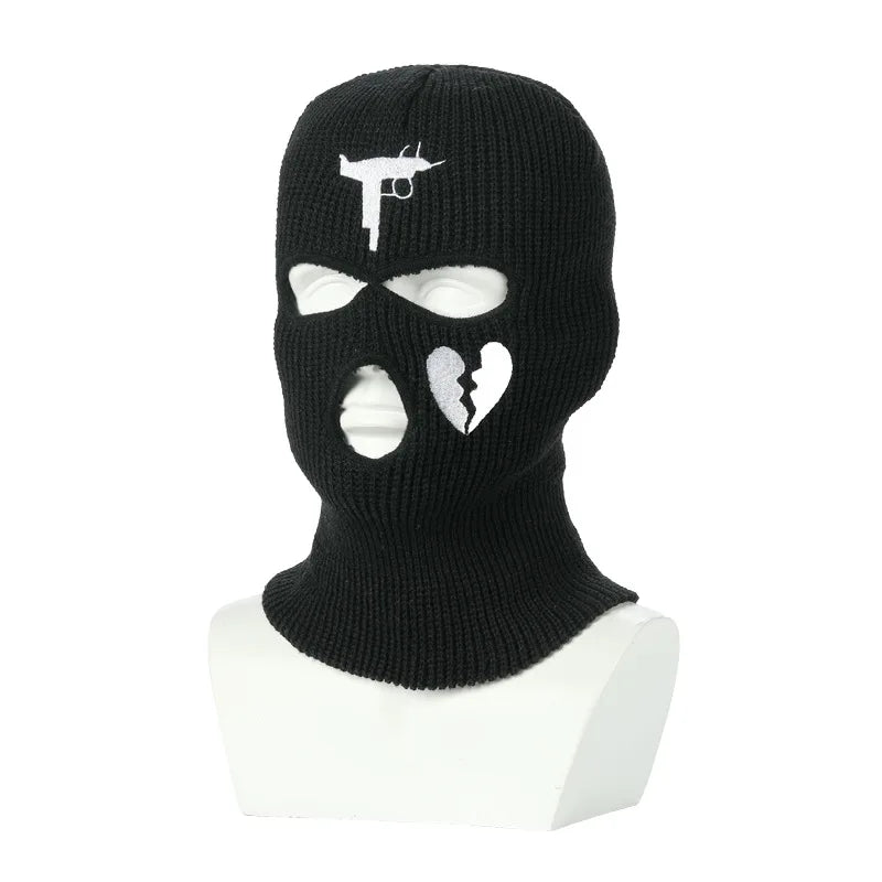 3Holes Winter Warm Unisex Balaclava Mask Hat Embroidery Full Face Mask Knitted Cycling Ski Snowboard Hat Cap Hip Hop Beanie Gift