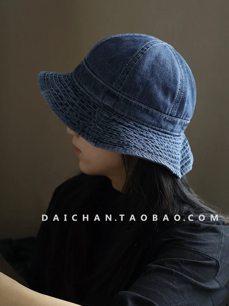 Japanese Retro Simple Dome Denim Basin Caps for Women Spring and Summer Travel Casual Versatile Sunscreen Bucket Hats Men