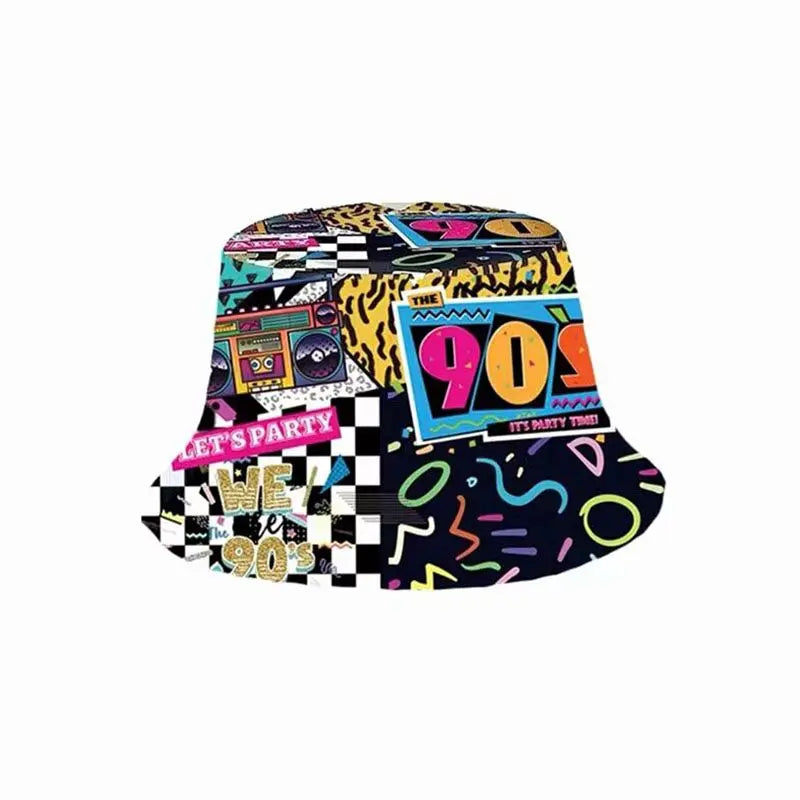 Europe and America Retro Nostalgic 90s Tape Pattern Bucket Hat Female Double Sided Spring and Summer Outdoor Sunscreen Sun Hat