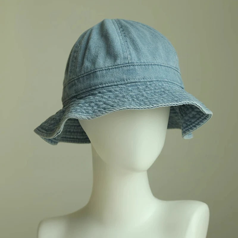 Japanese Retro Simple Dome Denim Basin Caps for Women Spring and Summer Travel Casual Versatile Sunscreen Bucket Hats Men