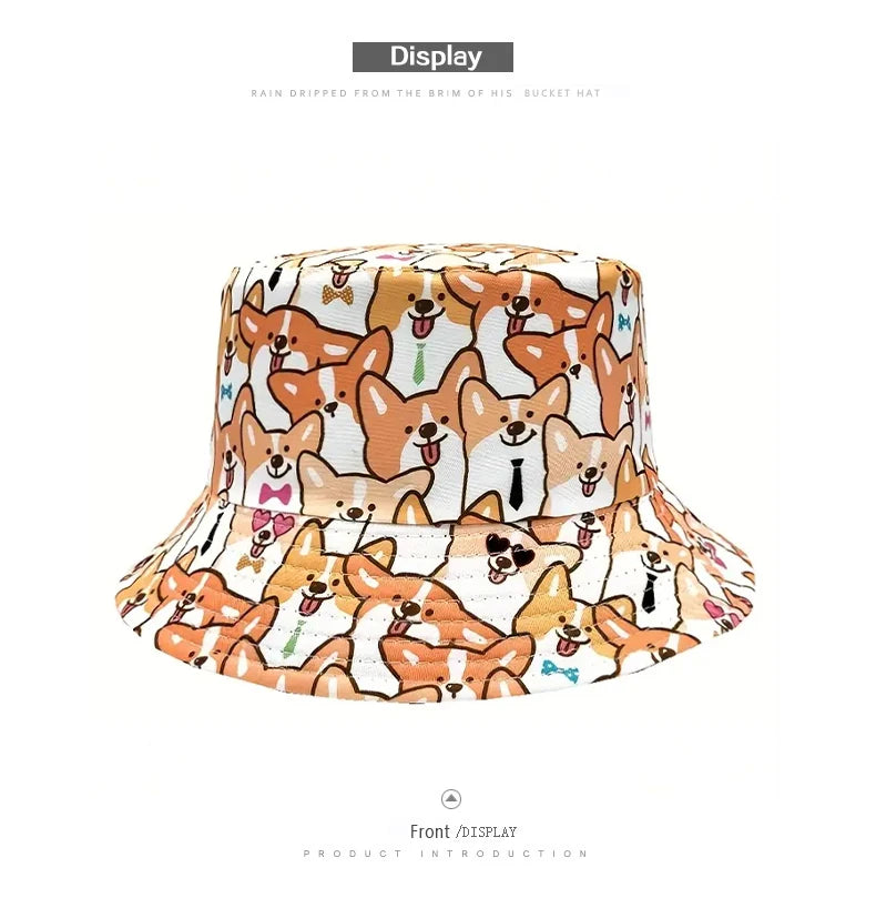 Bocca Cartoon Dog Bucket Hat Corgi Puppy Printing Fisherman Hats Double Sides Panama Cap Adult 58cm Caps Outdoor Travel Summer