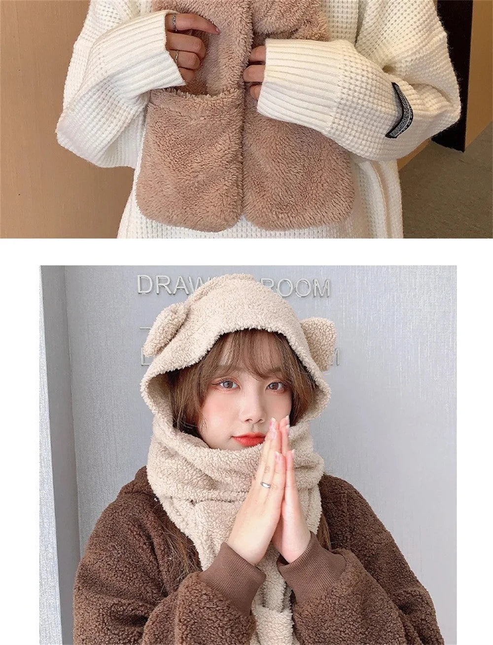 Cute Bear Ear Hat Fashion Winter Warm Comforts Polyester Thickened Plush Hoodie Hat Scarf Gloves Set Girl Kawaii Warm Casual Hat