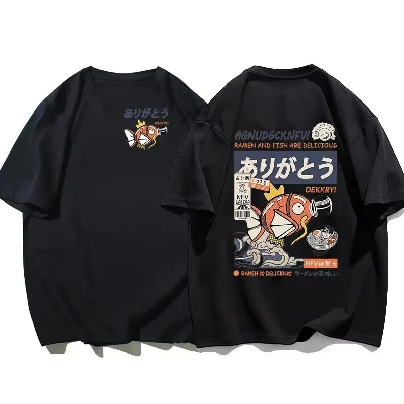 Japanese Streetwear T-shirt Men Koi Fish Soy Sauce Print Casual Women Short Sleeve Tee Summer 2025 Anime Fashion Y2k Clothes