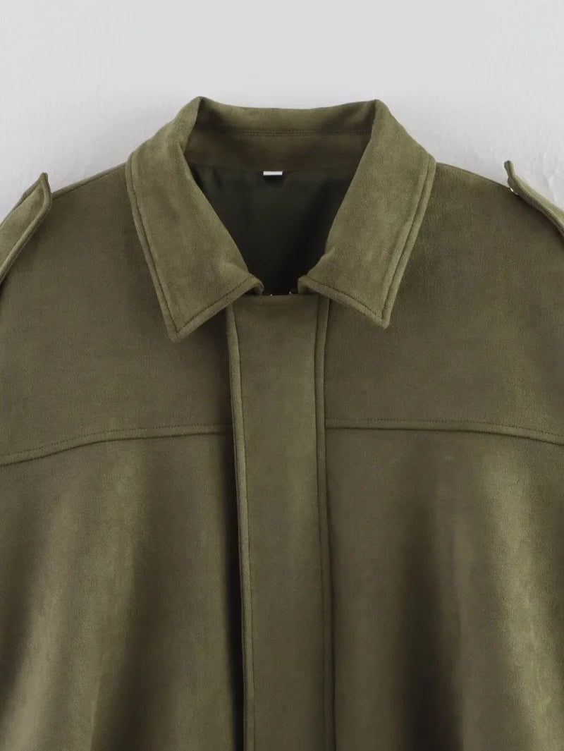 ETJ 2026 Spring New Women's Suede Texture Effect Loose Version of Fashion Lapel Shoulder Jacket