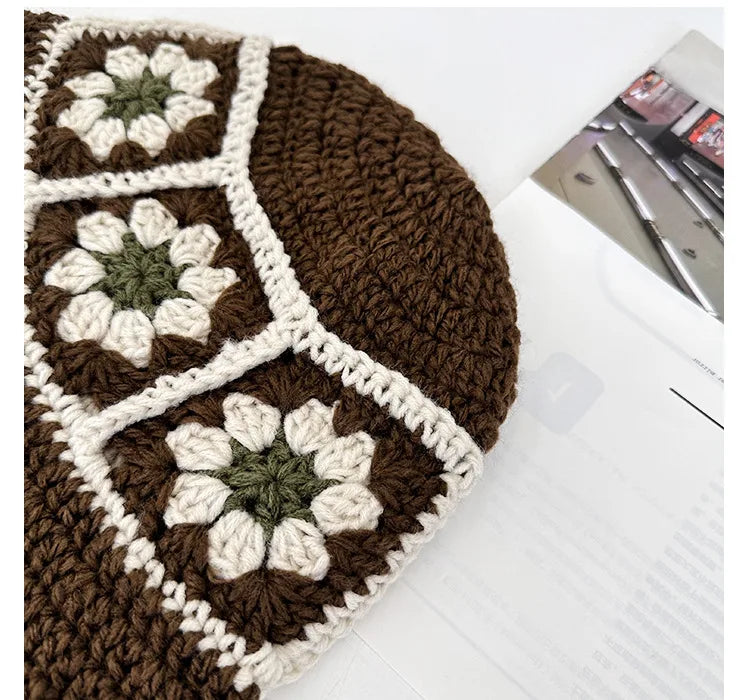 2025 Autumn New Crochet Korean Handmade Bucket Hat Women Weaving Knitted Hat Y2k Fashion Flowers Autumn Winter Beanies Basin Cap