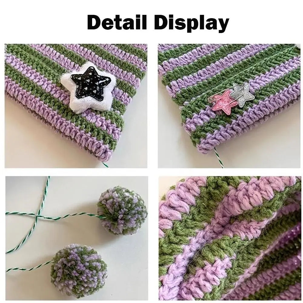 Y2K Beanie Hat Women Ins Devil Ear Striped Knitted Wool Cap Autumn Winter Hip-hop Crochet Cute Cat Ears Pointed Pullover Hats