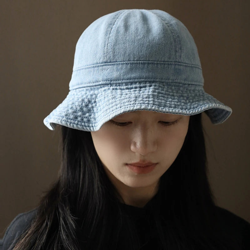 Japanese Retro Simple Dome Denim Basin Caps for Women Spring and Summer Travel Casual Versatile Sunscreen Bucket Hats Men
