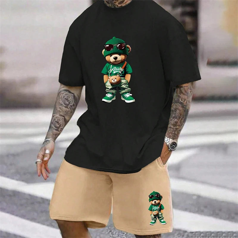 2024 Fun Bear Harajuku T-Shirt Men's Summer Loose Daily Couple Suit Outdoor Street Short Sleeve Shorts Two Piece Men Summer Suit