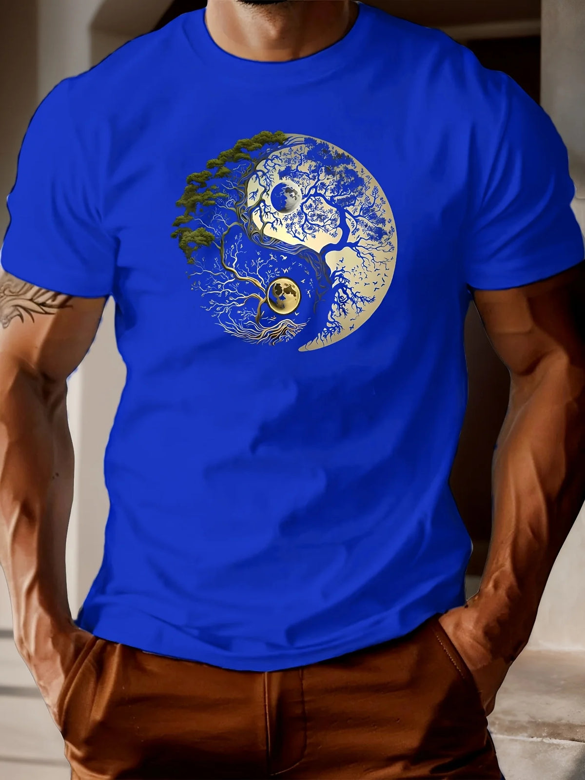 Men's summer 100% pure cotton fashionable casual loose sports yin-yang tree pattern print round neck short sleeved T-shirt top