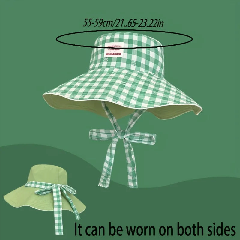 Plaid fisherman hat trendy seaside beach sunshade hat double-sided wearable plaid summer sunscreen hat