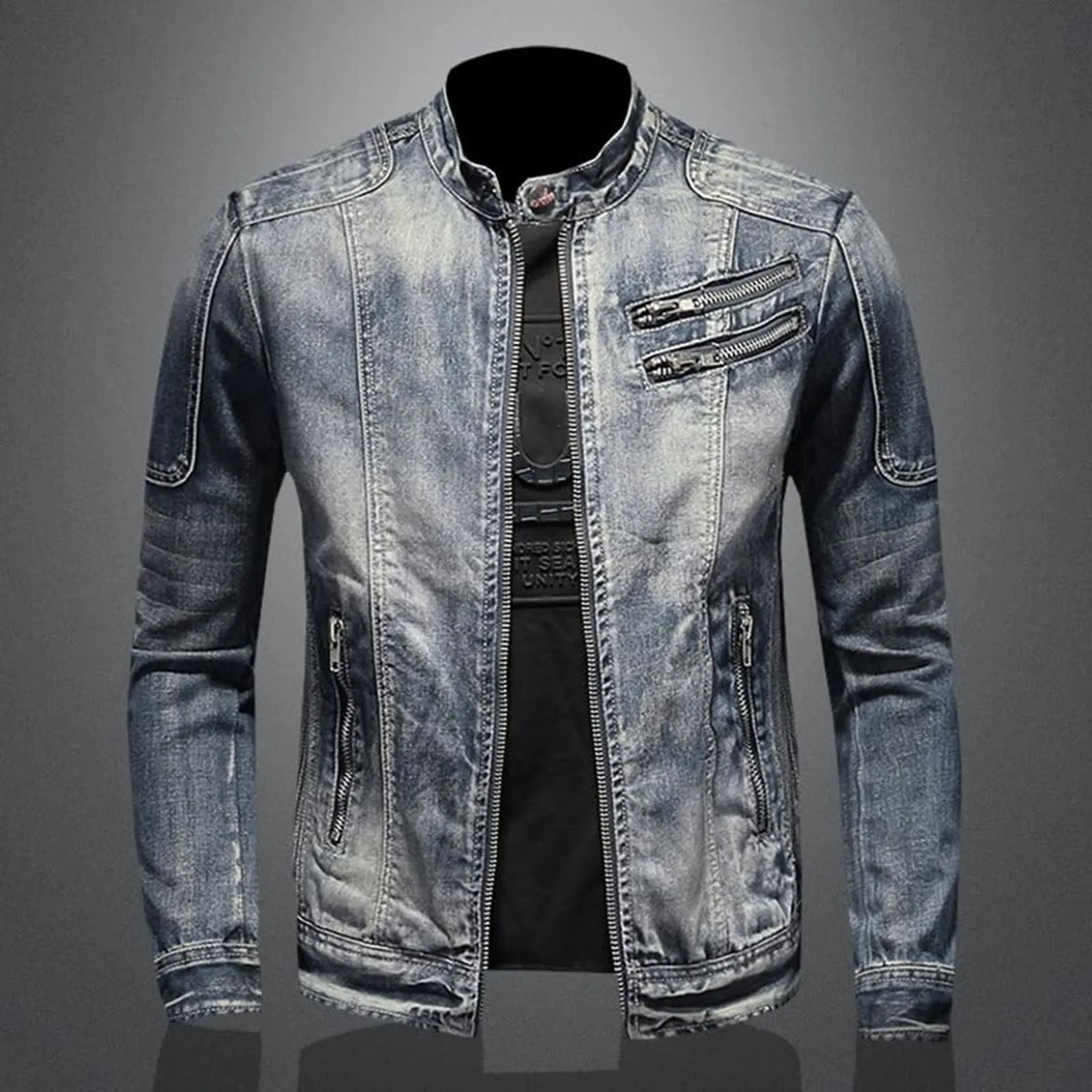 Vintage Denim Jacket With Zip Stand Up Cotton Slim Fit Outwear Man Fashion Casual Windbreaker Male Clothes Winter Jacket Men
