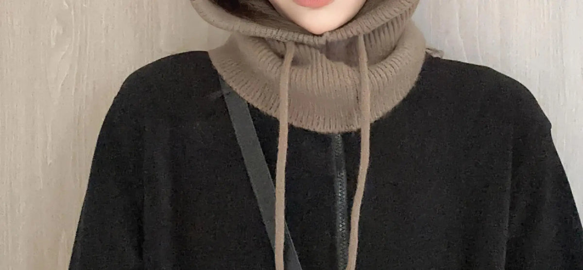 Knitted Hooded Caps Winter Balaclava Hats Women Korean Style Outdoor Warmer Drawstring Hats One-piece Neck Collar Beanies Cap