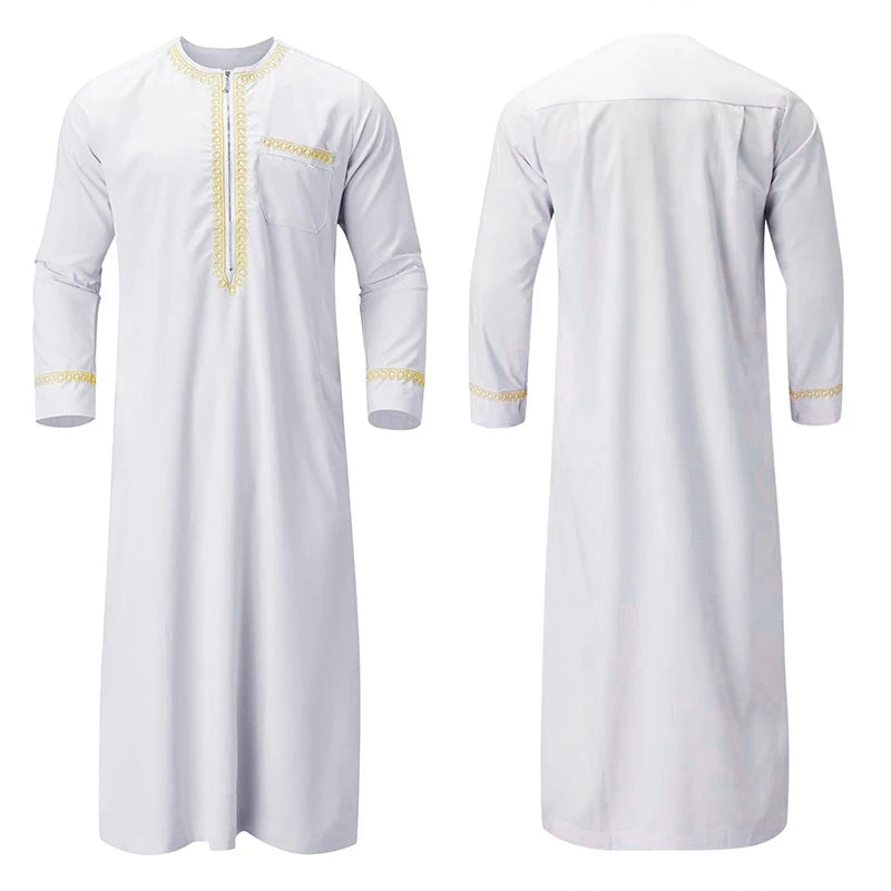 Men s Traditional Moroccan Kaftan Robe with Intricate Gold Embroidery Long Sleeves and Loose Fit for Ethnic Style Costume