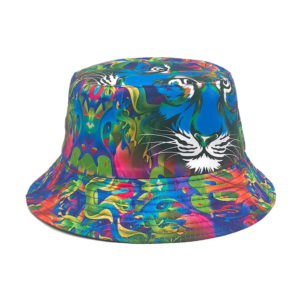 Europe and America Retro Nostalgic 90s Tape Pattern Bucket Hat Female Double Sided Spring and Summer Outdoor Sunscreen Sun Hat